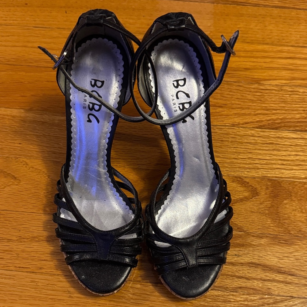 BCBG Paris Black Strappy Open-Toe Heels with Ankle Strap